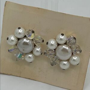 Signed Japan Vintage Faux Pearl and Crystal Clip-On Cluster Earrings